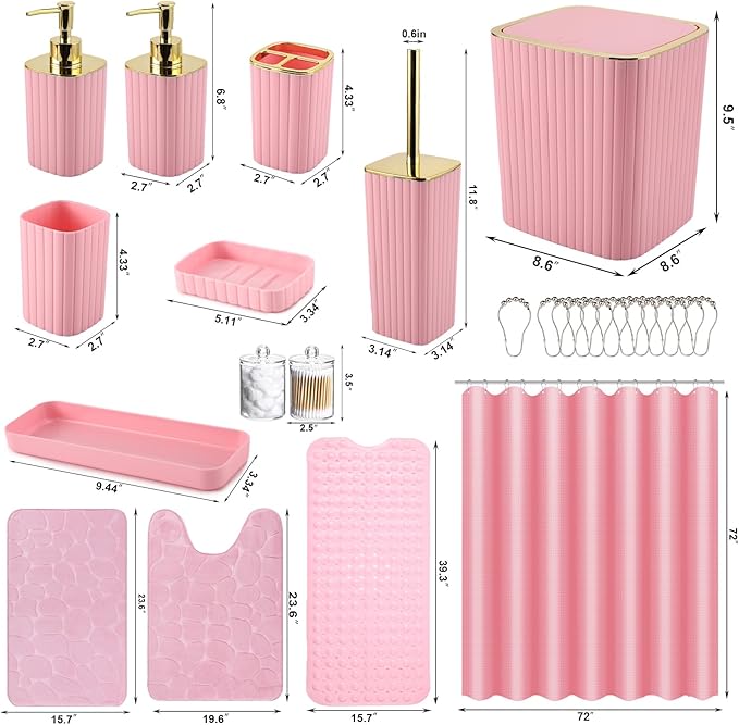 26PC Bathroom Accessories Set - Gorgeous Pink Bathroom Set, Bathroom Accessory Set, Pink Shower Curtain Set with Bathtub Mats for Shower Tub