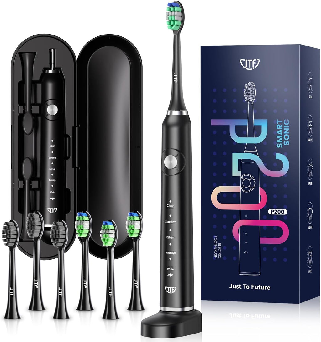 JTF Sonic Electric Toothbrush for Adults - Teeth Whitening Toothbrush with 6 Brush Heads and a Travel Case, Fast Charging for 60 Days Use Waterproof Toothbrushes, Black