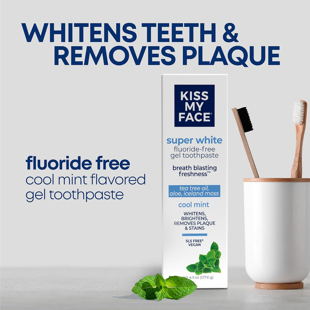 Kiss My Face Super White Toothpaste Gel, Cool Mint Flavor, Removes Plaque and Stains, Teeth Whitening Toothpaste, Fluoride Free, Vegan, 4.5 oz, 3 Pack