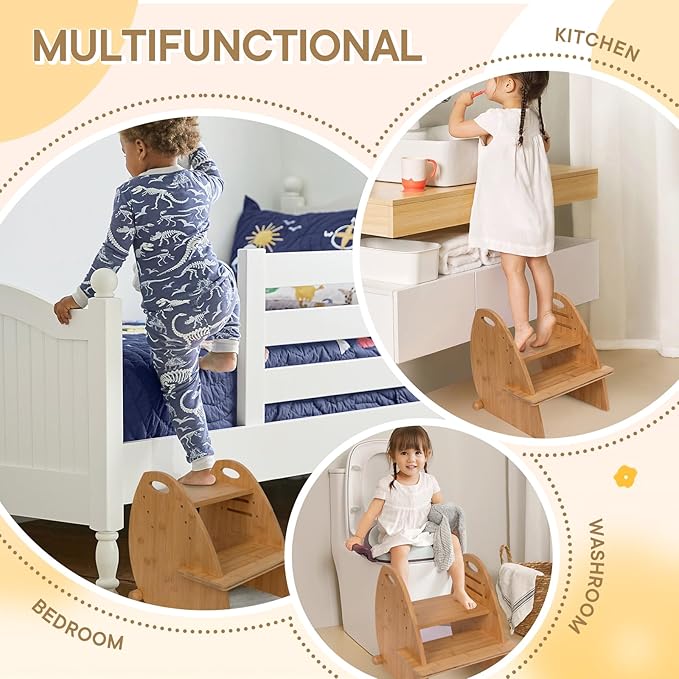 Wooden 2 Step Stool for Kids,Toddler Adjustable Triple Height Step Stool,Bamboo Bird-Shaped Design,300lbs Capacity,Ideal for Bathroom,Kitchen,Bedroom