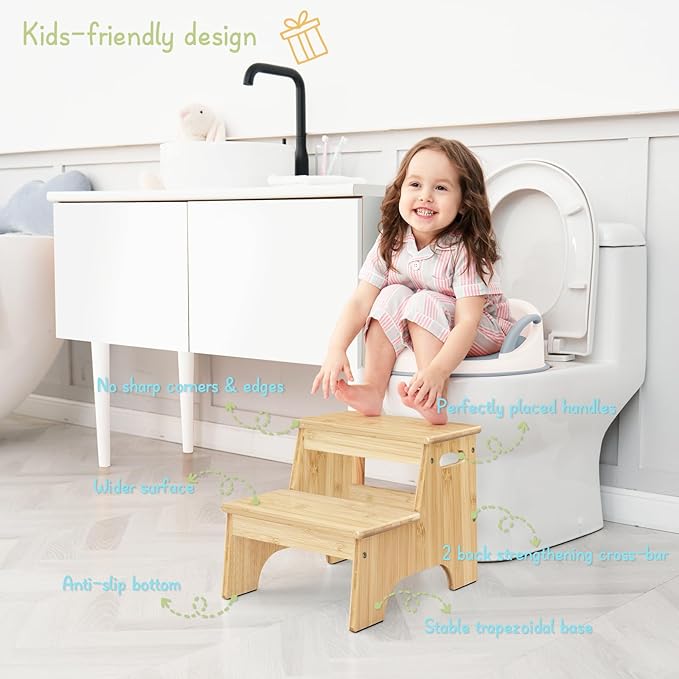 Forbena Wooden Bathroom Step Stool for Toddlers, Heavy Duty Kids 2 Step Stool for Bathroom Sink Kitchen Counter, Bamboo Wood Non-Slip Baby Children Potty Stepping Stool Seat with Handles for Toilet