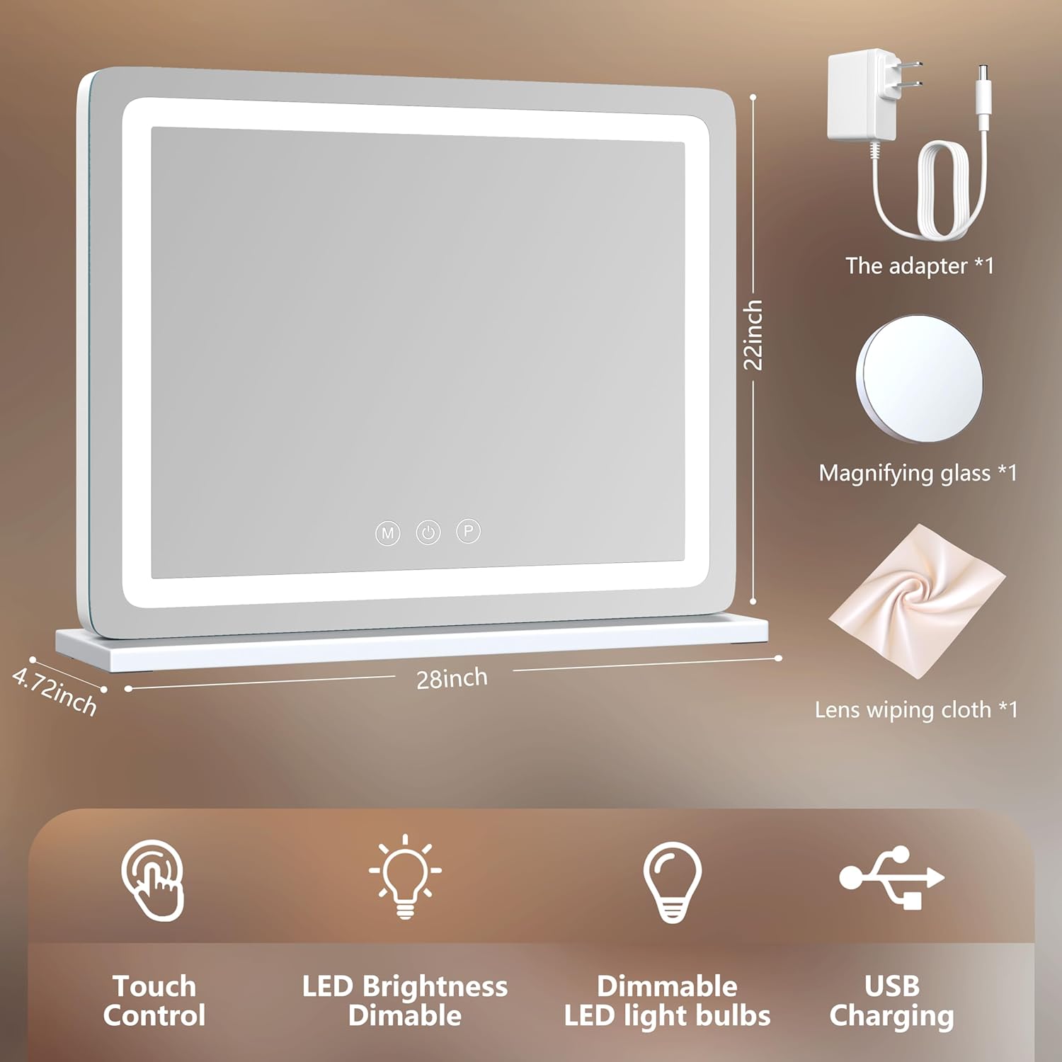 Makeup Vanity Mirror with USB Charging Port 28" x 22" Large LED Makeup Mirror, Desk Mirorr with Lights, Light up Mirror with 10X Magnification and, Dimmable 3 Modes, Touch Control White
