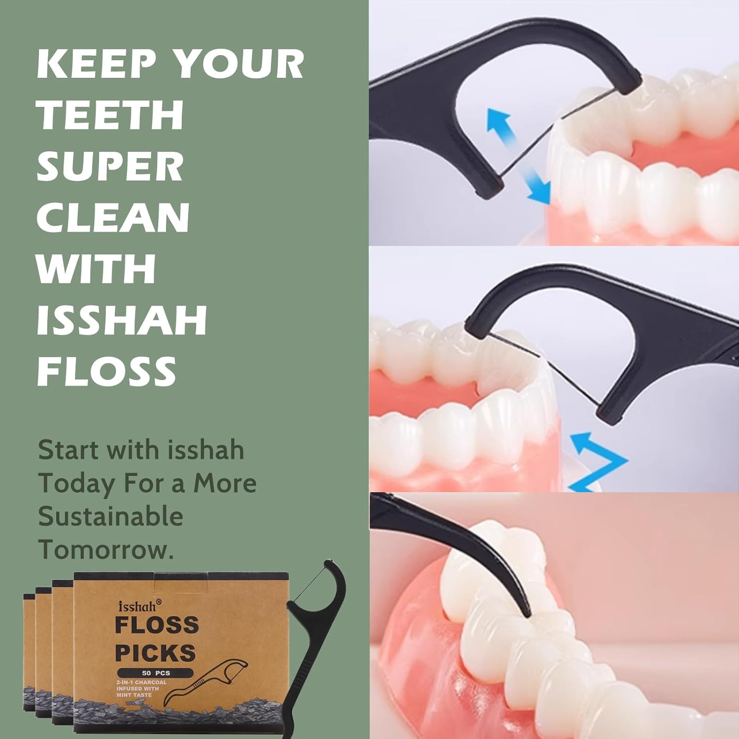 Natural Dental Floss Picks - 200 Count - PETA Approved, BPA Free, Vegan, Sustainable, Eco Friendly, Natural Dental Flossers by Isshah (Charcoal)