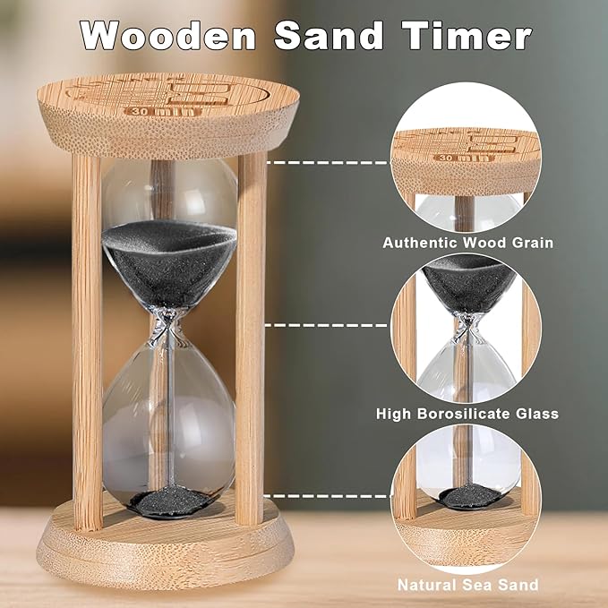 1 Minute Wooden Sand Timers, Bamboo Mini Black Sand Hourglass for Productivity, Meditation & Decor, 1 Min Small Reloj De Arena for Kitchen, Office, Game, Classroom