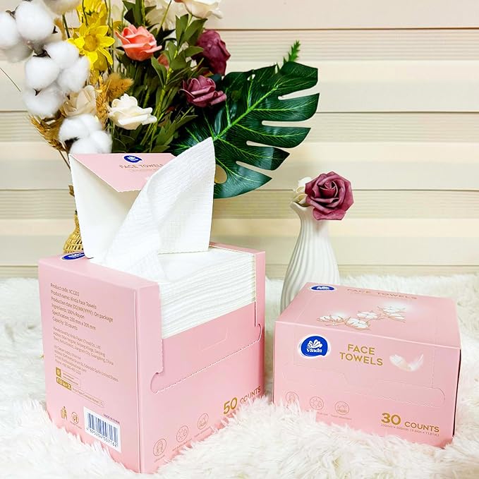 Vinda Ultra – Soft Disposable Face Towels – Extra Large，50 Count – Thick 100% Rayon Fabric Dry Wipes for Sensitive Skin & Makeup Removal