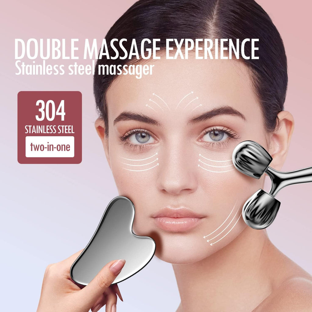 DANGSHAN Stainless Steel Face Roller and Gua Sha Massage Tool Set, Facial Massage Gua Sha Facial Tools Skincare for Face, Eye, Neck, Body Skin Care Tools Gift for Women