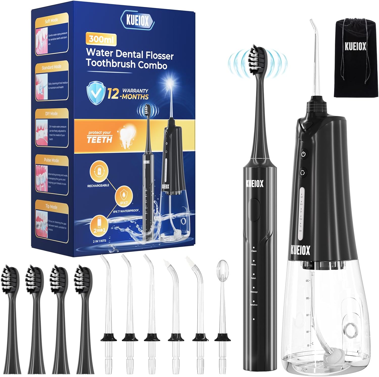 Electric Toothbrush with Water Cordless Flosser, 320ML Portable Travel Water Dental Flosser for Teeth with 5 Modes & 6 Jet Tips & IPX7 Waterproof for Teeth Cleaning and flossing (Black)