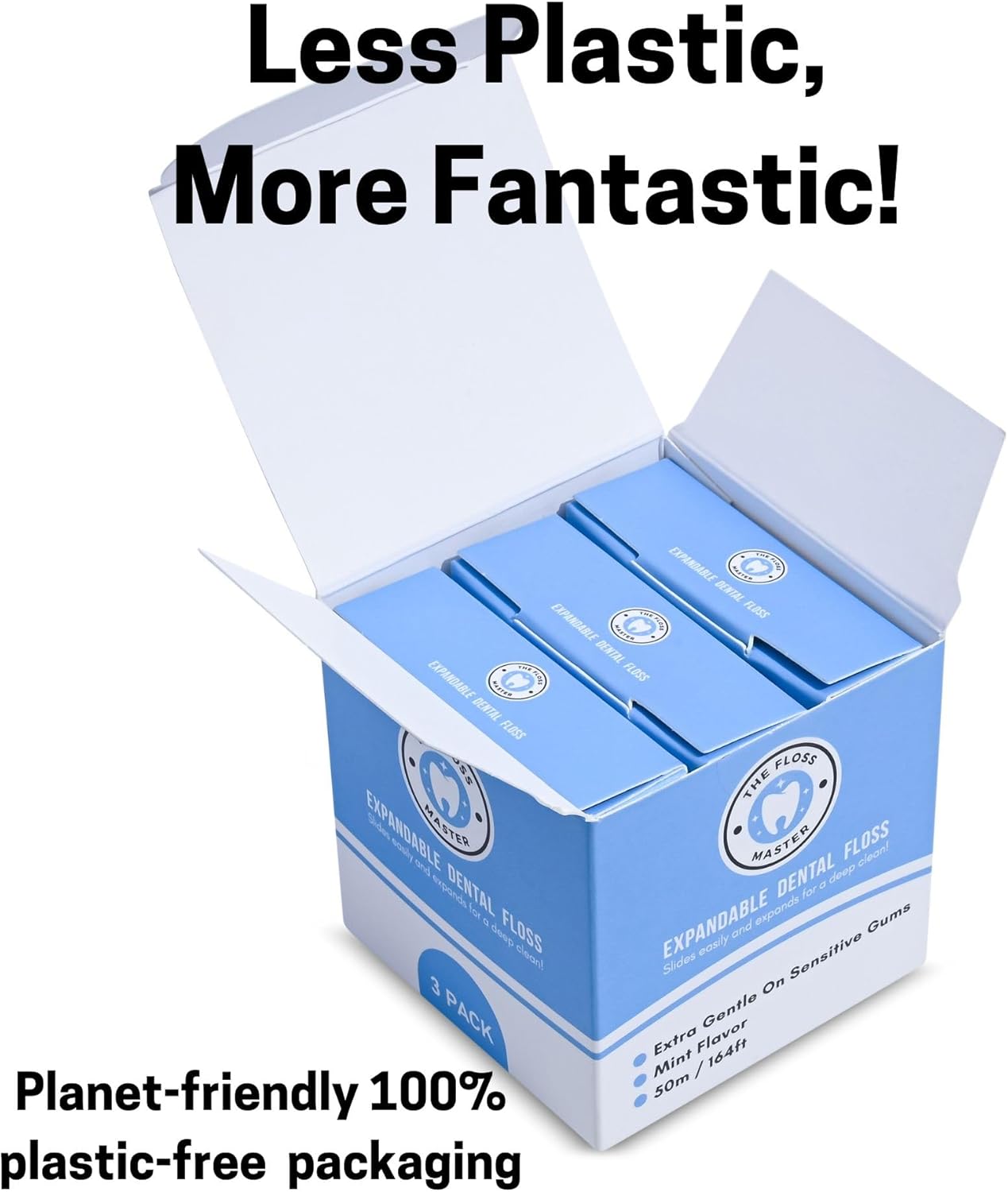 Expandable Dental Floss 3 Pack I Plastic-Free Dispenser I 50 Meter / 164 feet per Pack I Gentle Glide for Effective Cleaning I Mint Flavor