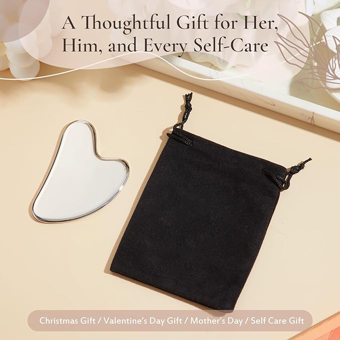 Nuanchu Stainless Steel Gua Sha Facial Tools Metal Guasha Tool for Face Body Jawline Shaper, Double Chin Reducer, Puffiness Reducing, Lymphatic Drainage Massager Skin Care Gift with Pouch(Silver)