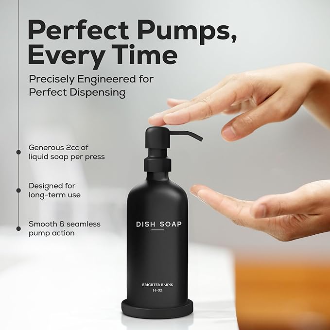 Black Glass Dish Soap Dispenser for Kitchen Sink by Brighter Barns - Modern Kitchen Soap Dispenser Set with Tray and Stainless Steel Pump - Modern Decor for Vacation Rental, Restaurants, Gifts (Black)