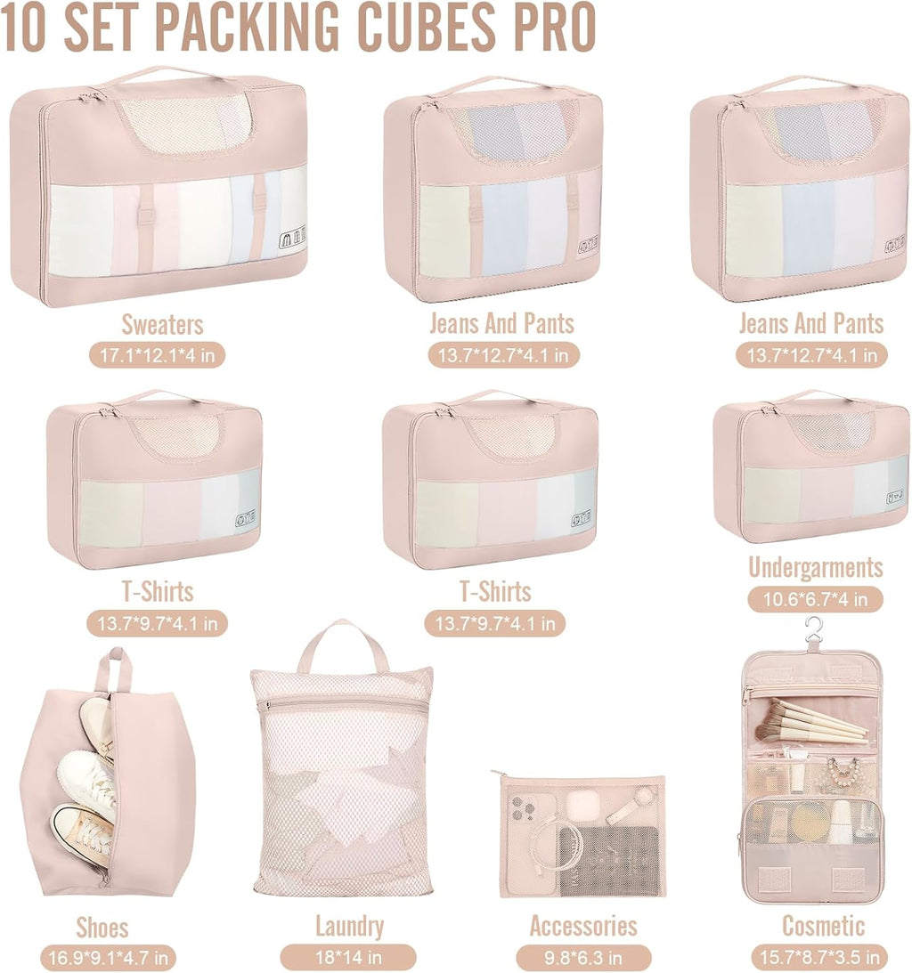 Veken 10 Set Packing Cubes for Travel, Beach Vacation Essentials Accessories for Cruise Ship, Suitcase Organizer Bags for Luggage with Hanging Toiletry & Shoe Bag, Birthday Gifts for Women Mom Her