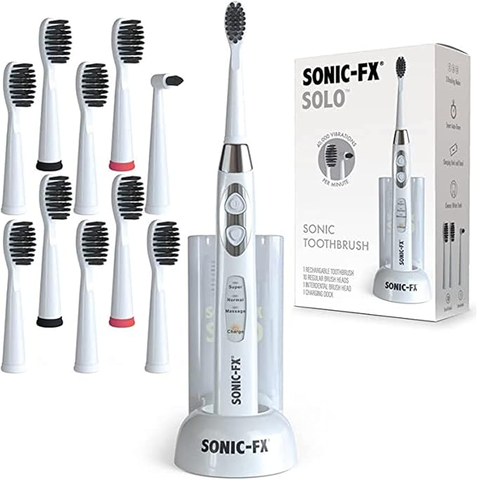 Sonic-FX Solo Electric Toothbrush w/ 10 Brush Heads + 1 Interdental, Charcoal Bristles, Rechargeable, Charging/Storage Base, 3 Brush Modes, Smart Timer, 2 Months Use on Full Charge, White Color