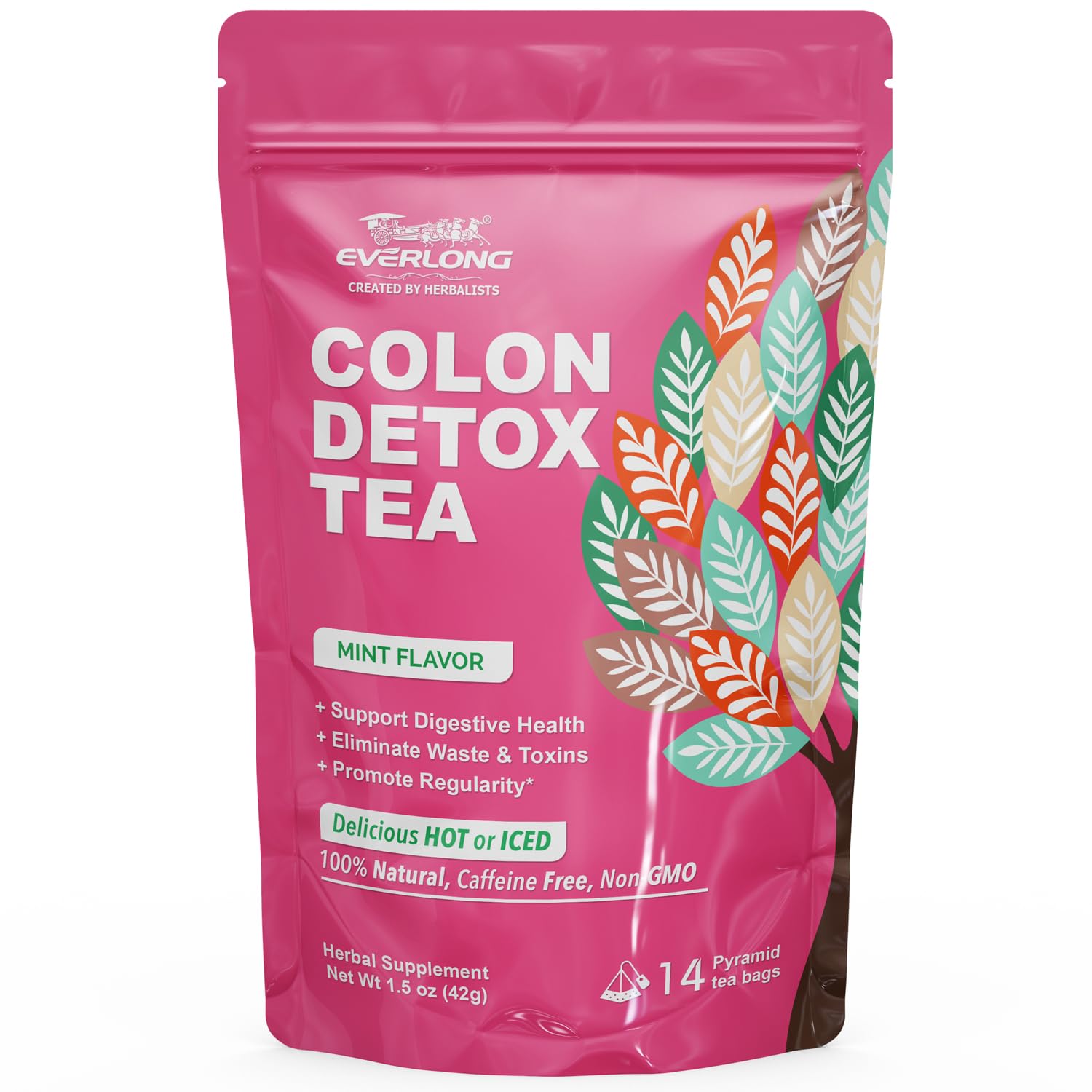 EVERLONG Colon Detox Tea - Dandelion Leaf with Senna, Gynostemma, Lotus Leaf, Spearmint for Colon Cleanse and Digestive Health, Promote Regularity - 14 Herbal Tea Bags, All Natural, Caffeine-Free