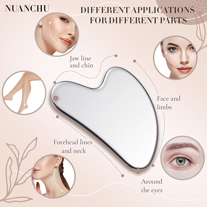 Nuanchu Stainless Steel Gua Sha Facial Tools Metal Guasha Tool for Face Body Jawline Shaper, Double Chin Reducer, Puffiness Reducing, Lymphatic Drainage Massager Skin Care Gift with Pouch(Silver)