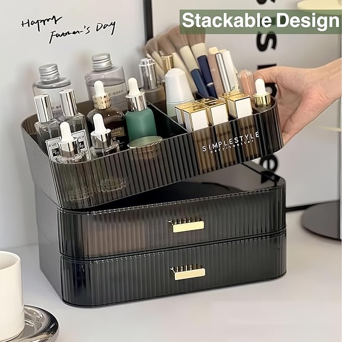 Makeup Organizer for Vanity, Large Desk Organizer with Stackable Drawer for Cosmetics, Skincare, Lipsticks, Palette, Nail Care, Ideal Storage for Dresser and Bathroom Countertop- Black