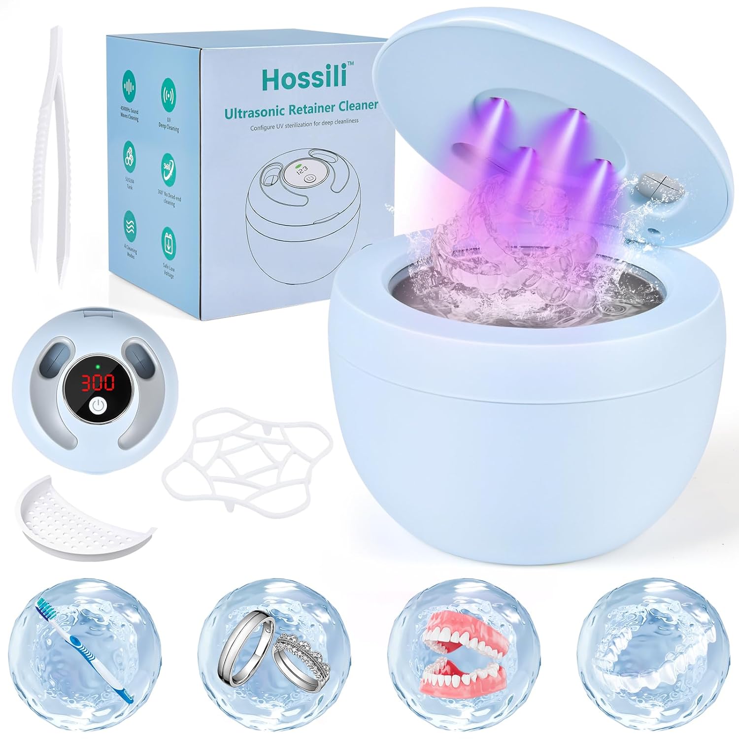 Ultrasonic Retainer Cleaner, Retainer Cleaner Machine Denture Cleaning Pod for Mouth Guards|Aligners|Braces|Toothbrush Heads|Jewelry, 45kHz with Digital Timer