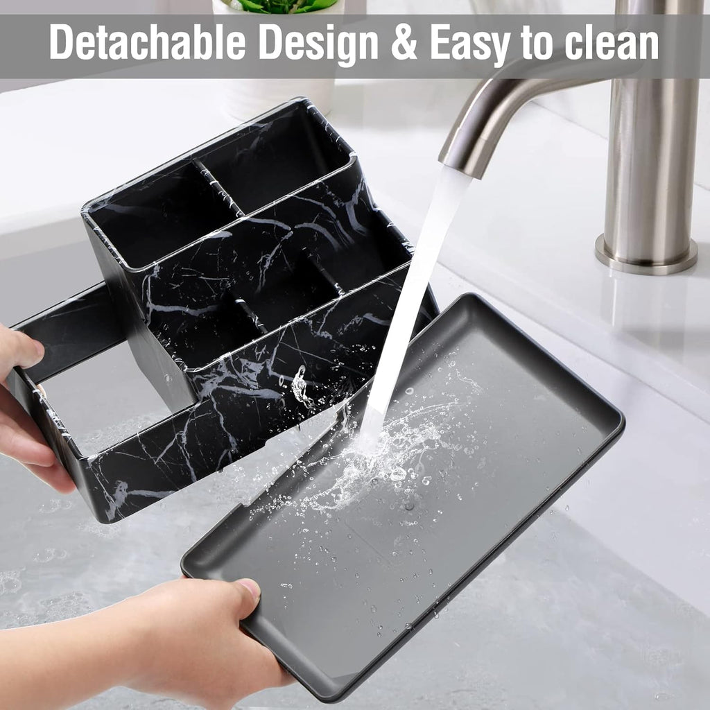 Electric Toothbrush Holder for Bathroom, Plastic Bathroom Countertop Organizer Compartment, Vanity Organizer Tray,Countertop Organizer Box, Kids Desk Organizers and Storage,Black Marble Pattern