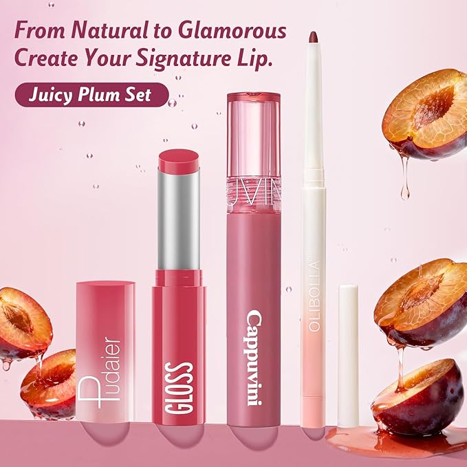 KIMUSE 3PCS Lip Combo Set - Matte Lip Liner Pencil + Hydrating Tinted Lip Balm + Juicy Lip Gloss Tint, Non-Sticky, Long-Lasting, High Pigment Lip Makeup Kit (Juicy Plum Set)