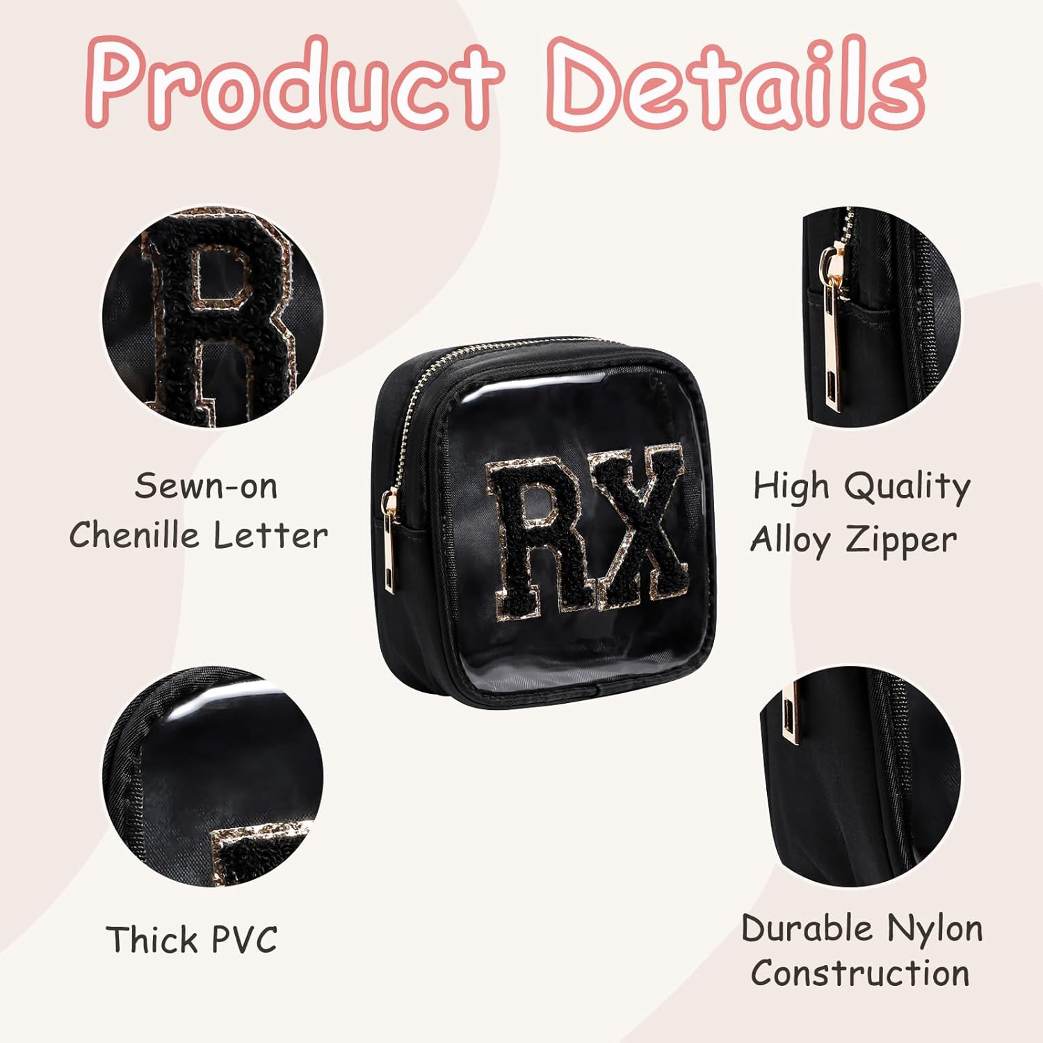 Small Chenille Letter Clear Medicine Makeup Bags,Nylon PVC Waterproof Rx Pouch with Metal Zipper, Cute Drug First Aid Travel Organizer for Women Girls(05Black)