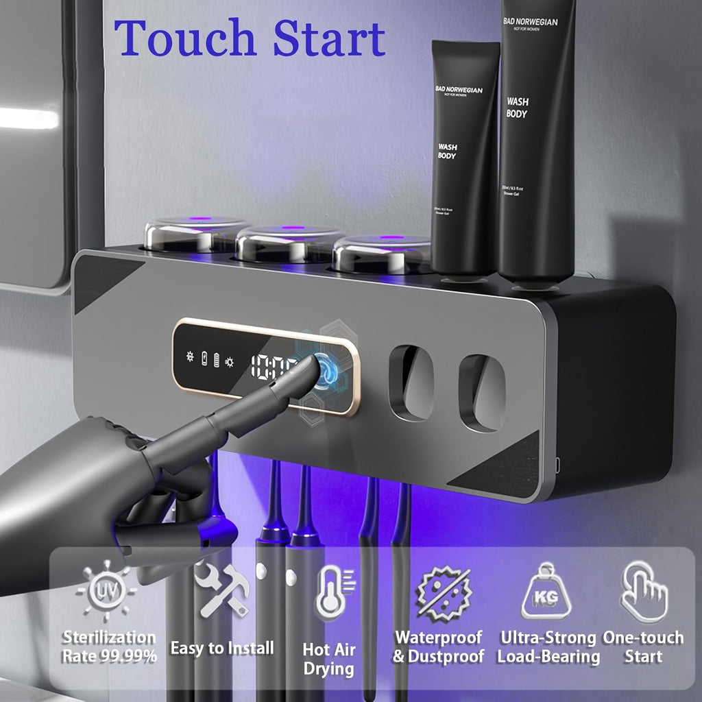 Automatic Toothpaste Dispenser,Rechargeable Toothbrush Holders for Bathrooms,3 Cups Electric Toothbrush Holder Wall Mounted with Toothpaste Dispenser Bathroom Decor (Grey)