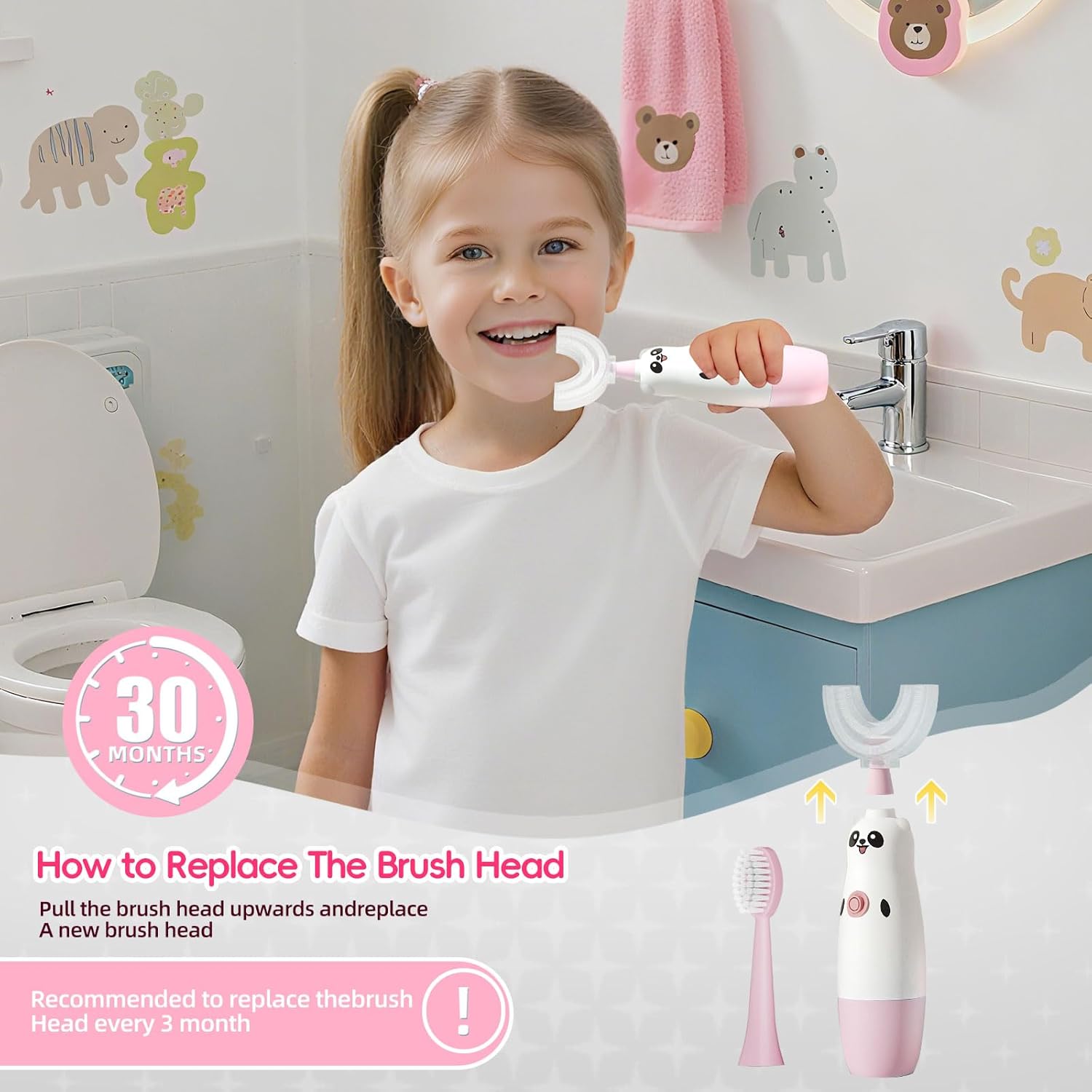 Kids U-Shaped Electric Toothbrush with 2 Brush Heads, Toddlers Sonic with 360 Degree Cleaning, Soft Bristles, Battery Included, IPX7 Waterproof, Cute cartoon for Girls and Boys, Ages 2-7 (Pink)