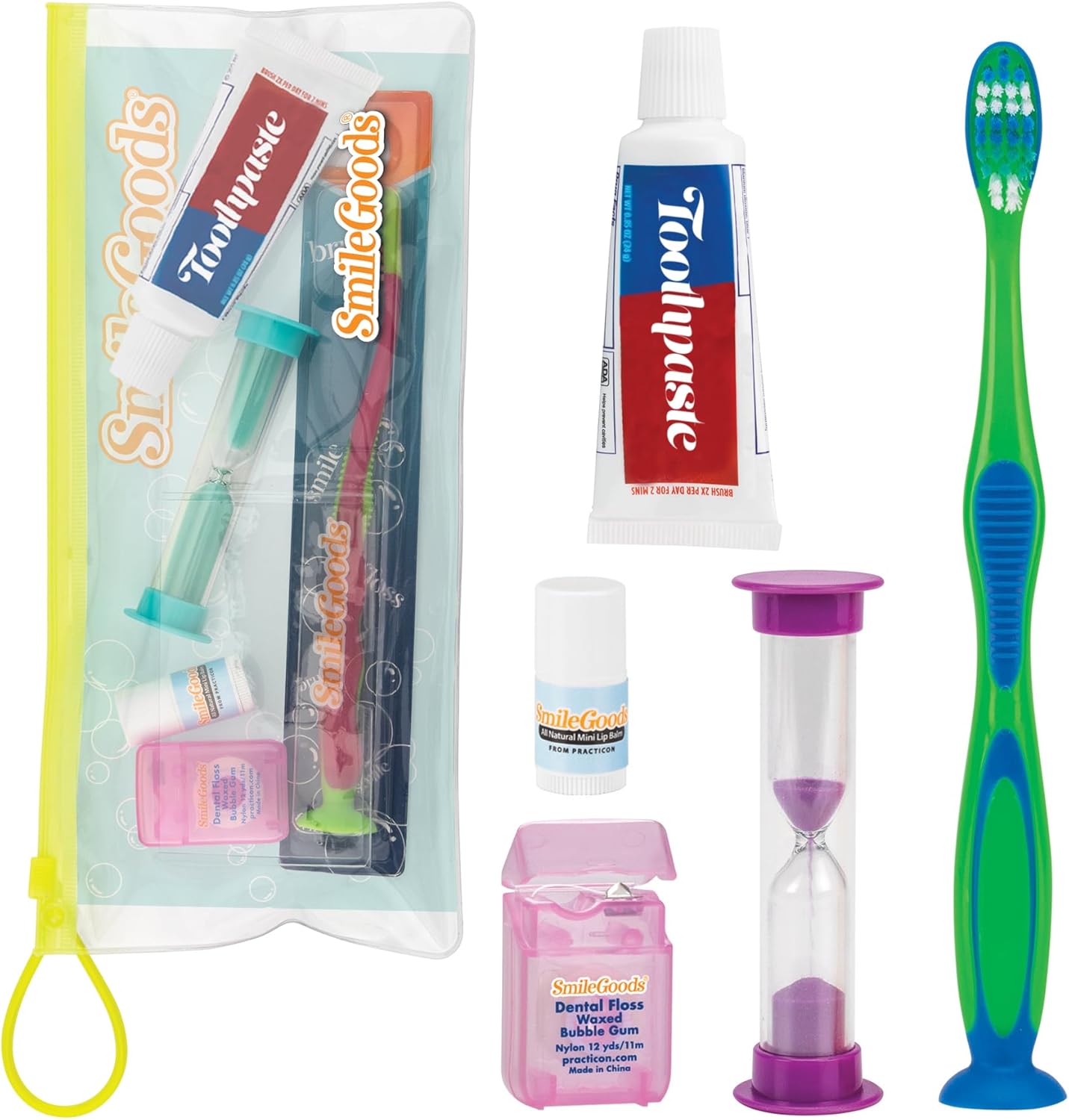 Practicon Child Deluxe Dental Care Kit, Travel Size Bundle w/Toothbrush, Crest Toothpaste, Floss, Lip Balm and Sand Timer, TSA Friendly Kids Oral Care Kit
