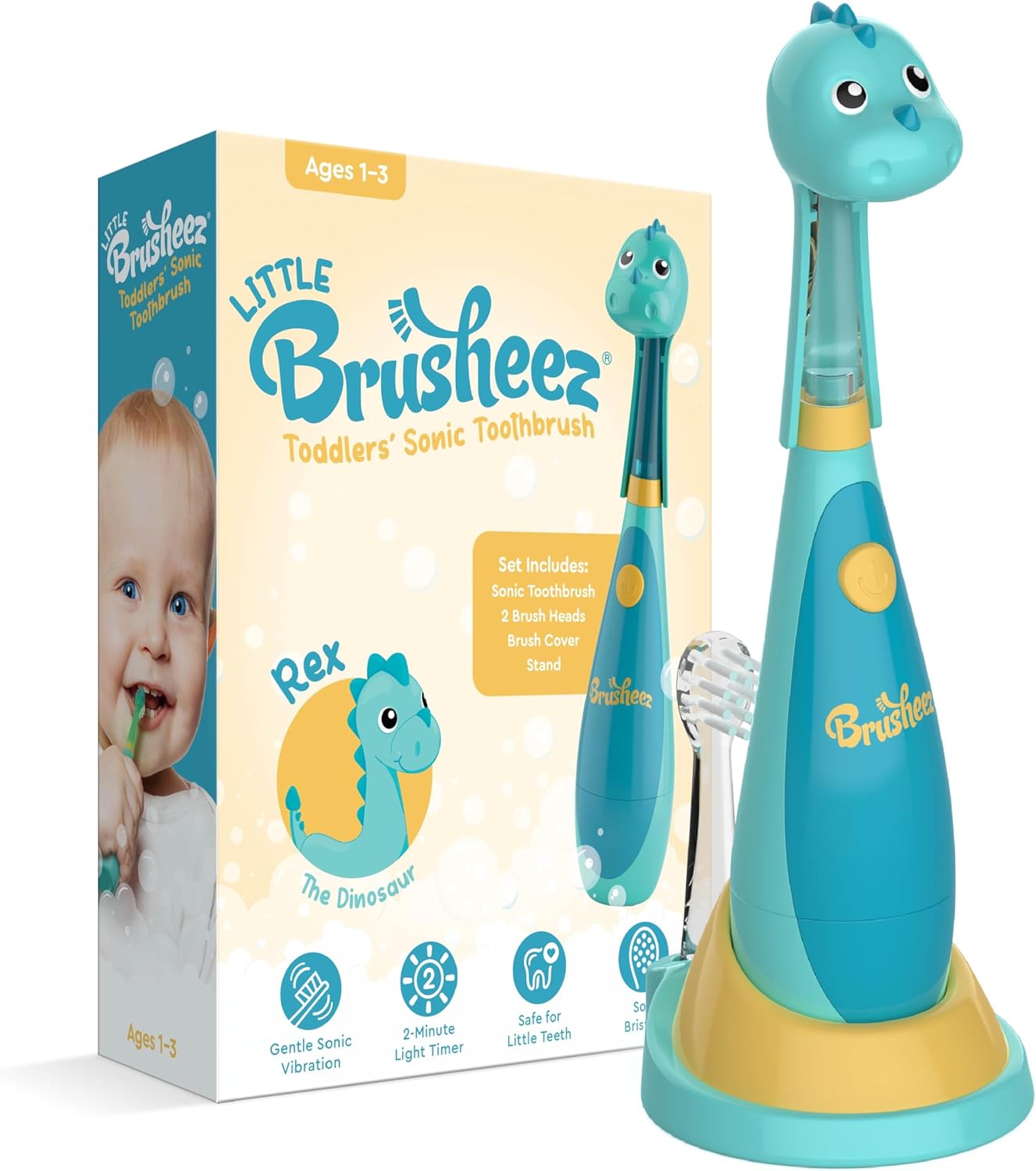 Brusheez Little Toddlers’ Sonic Toothbrush - Safe & Gentle Toothbrush for Ages 1-3 with Built-in, Light-Up 2-Minute Timer, Extra Brush Head, & Storage Base for First-Time Brushers (Rex The Dinosaur)