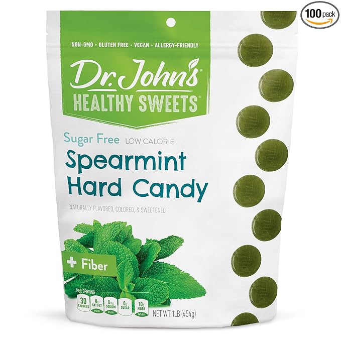 Dr. John’s Sugar Free Candy, Healthy Hard Candy with Zero Sugar, Low Calorie Snacks, Keto Friendly, Vegan, Gluten Free, Spearmint, 100 Count, 1 LB