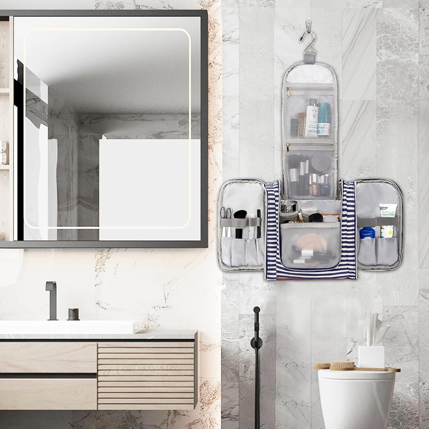 Pearl Angeli Hanging Toiletry Bag for Women, Large Makeup Cosmetic Bag, Water Resistant Toiletries Travel Essentials Organizer, Full-size Container, Navy-striped