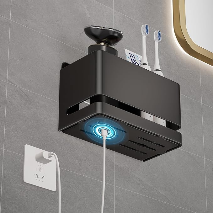 Aluminum Electric Toothbrush Holder - Bathroom Wall Mounted Toothbrush Holder (Black, Double Slot)
