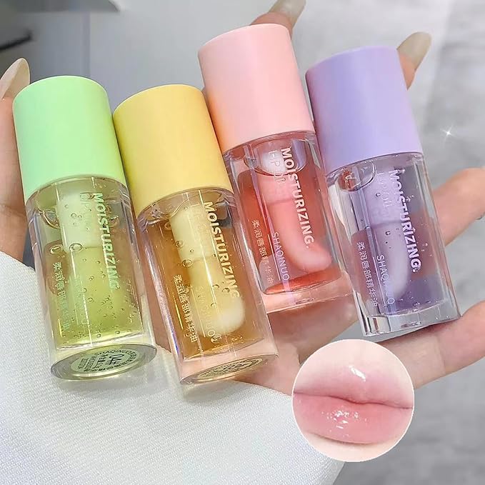 Dulele Plumping Lip Glow Oil Fruit Flavoured Transparent Toot Lip Gloss, 4PCS Moisturizing Hydrating Lip Oil Long Lasting Lip Balm and Tinting for Dry Lips