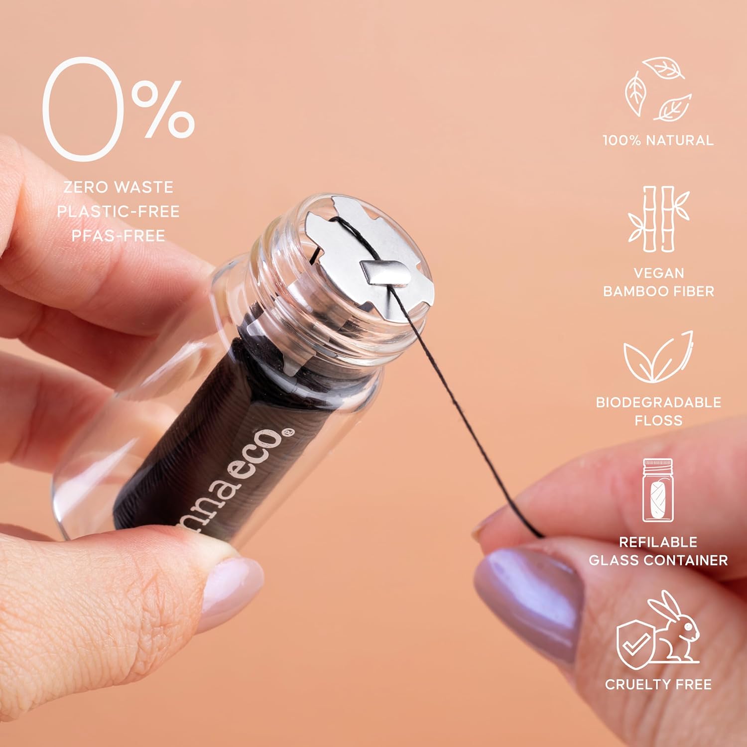 Eco-Friendly Bamboo Charcoal Dental Floss | Refillable Wide Glass Jar with Screw Lid + 50m Free Refill | 100m Total | Peppermint | Candelilla Wax | Zero Waste, Vegan | Flossers for Adults – Oral Care