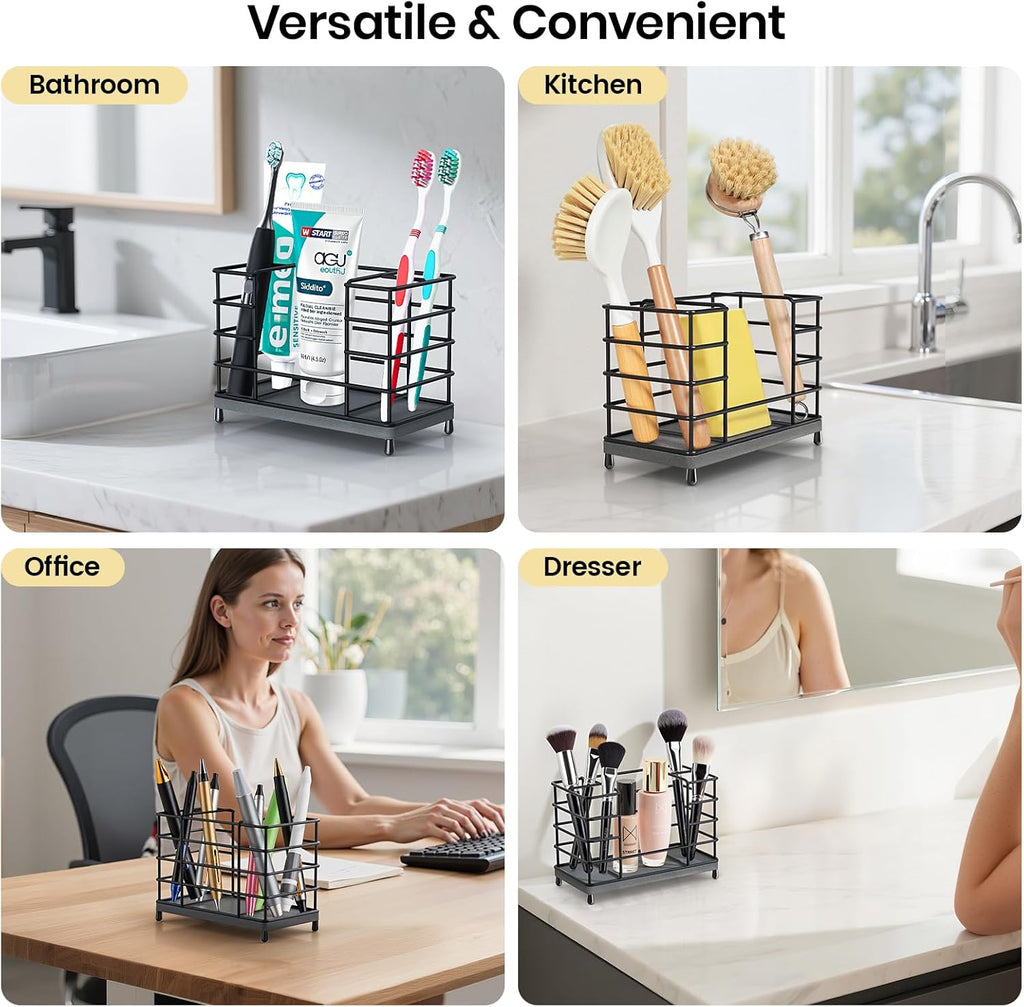 Toothbrush Holder with Quick Drying Mat—Toothbrush and Toothpaste Holders for Bathrooms—5 Slots Openwork Design Black Toothbrush Holder Set,Bathroom Counter Organizer for Electric Toothbrush