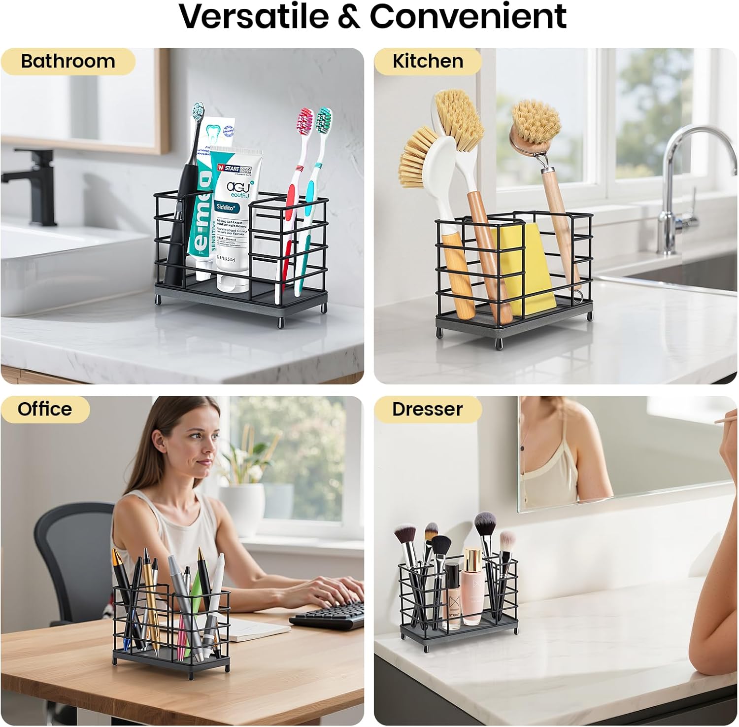 Toothbrush Holder with Quick Drying Mat—Toothbrush and Toothpaste Holders for Bathrooms—5 Slots Openwork Design Black Toothbrush Holder Set,Bathroom Counter Organizer for Electric Toothbrush