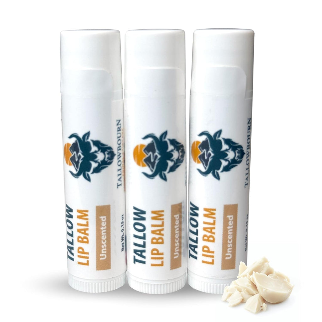 Moisturizing Tallow Lip Balm – Grass-Fed Beef Tallow with Organic Coconut Oil, Beeswax, and Vitamin E – Unscented Lip Balm Set – Travel Essential - 3-Pack