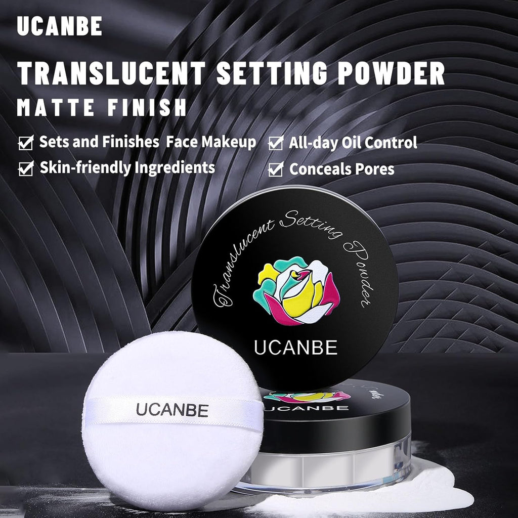 UCANBEMAKUP Long Lasting Makeup Setting Spray Kit- 6.76 Fl oz Hydrating Matte Finish Mist Lightweight Face Make up Fixer +Translucent Loose Setting Powder+2PC Sponge Puff Set