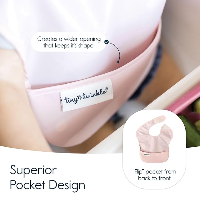 Tiny Twinkle Mess-Proof Baby Bibs for Eating | Waterproof, Wipeable Toddler Bibs with Catch-All Pocket | Feeding Bibs for Girls & Boys(5 Pack, Girl Spring)