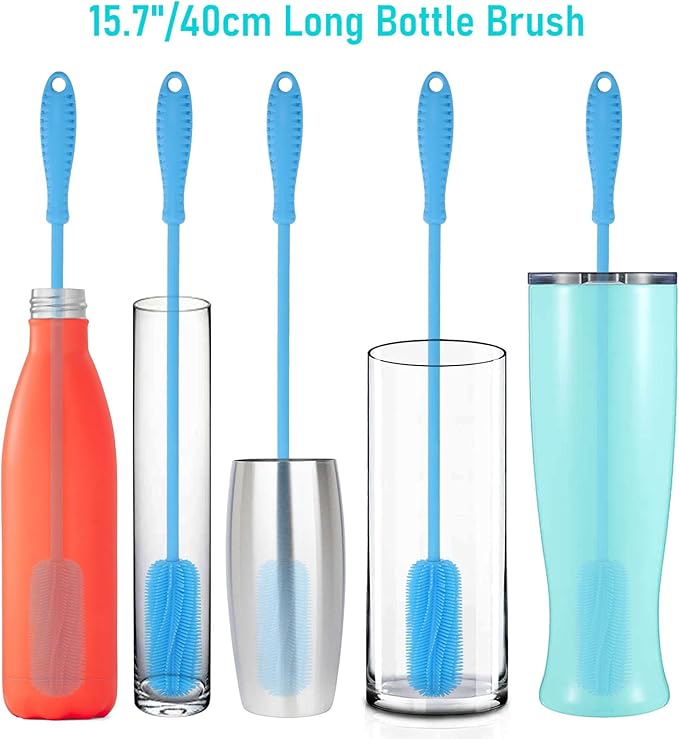 15.7" Silicone Bottle Brush, ddLUCK Water Bottle Cleaner Brush for Stanley, Hydroflasks, Glass, Thermos Sports Bottle, Vase and Glassware, Bottle Brush Cleaner for Small Narrow Neck Containers (Blue)