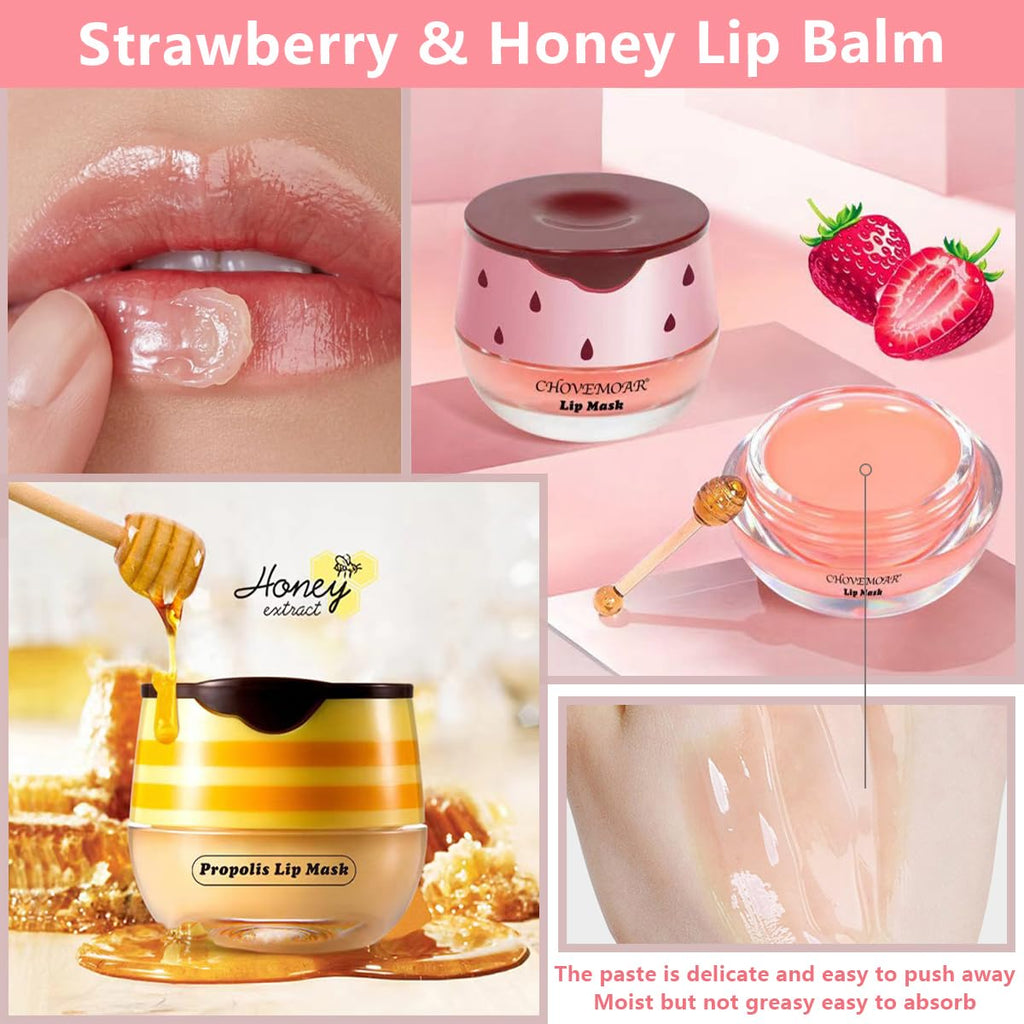 3 Pcs Honey Lip Balm, Strawberry Apple Lip Mask, Moisturizing Lip Sleeping Mask, Hydrate Repair Prevent Dry Cracked Lip (Strawberry + Honey + Apple Lip Balm)