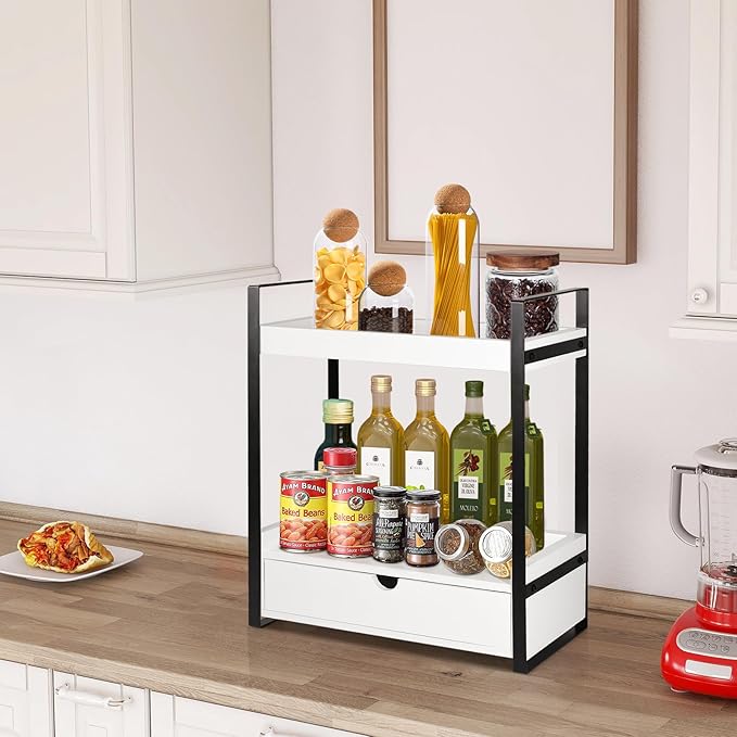 2-Tier Bathroom Organizer Countertop with Drawer, Wood Counter Shelf for Storage, Vanity Tray for Bathroom Organization and Decor, Countertop Organizer for Kitchen, Office (White)