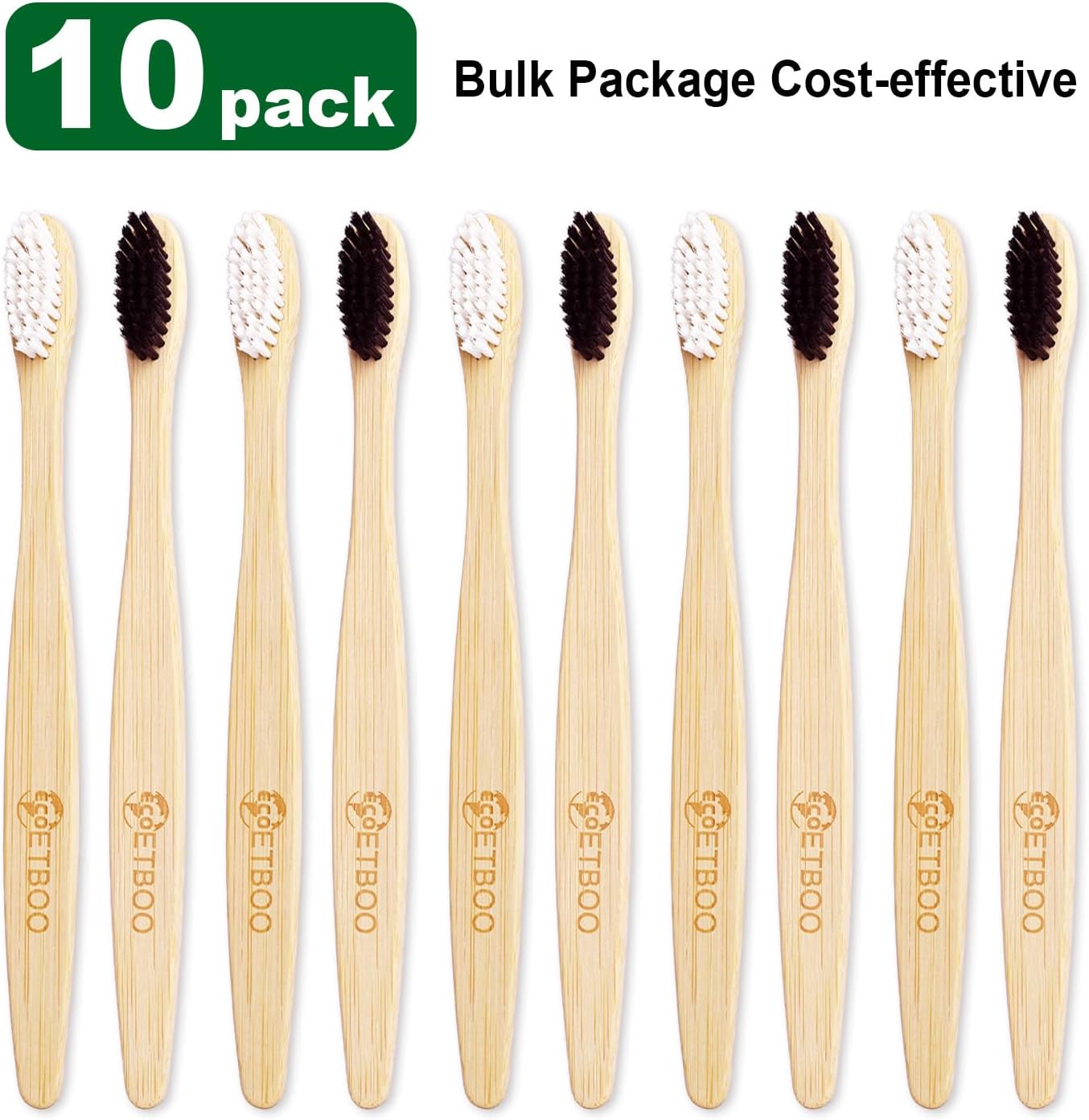 Bamboo Toothbrushes Medium Bristles for Adult, 10 Pack Family Bulk Toothbrushes Set Natural Organic Wooden Tooth Brush Charcoal Wood Handle Tooth Cleaning Brush Black White