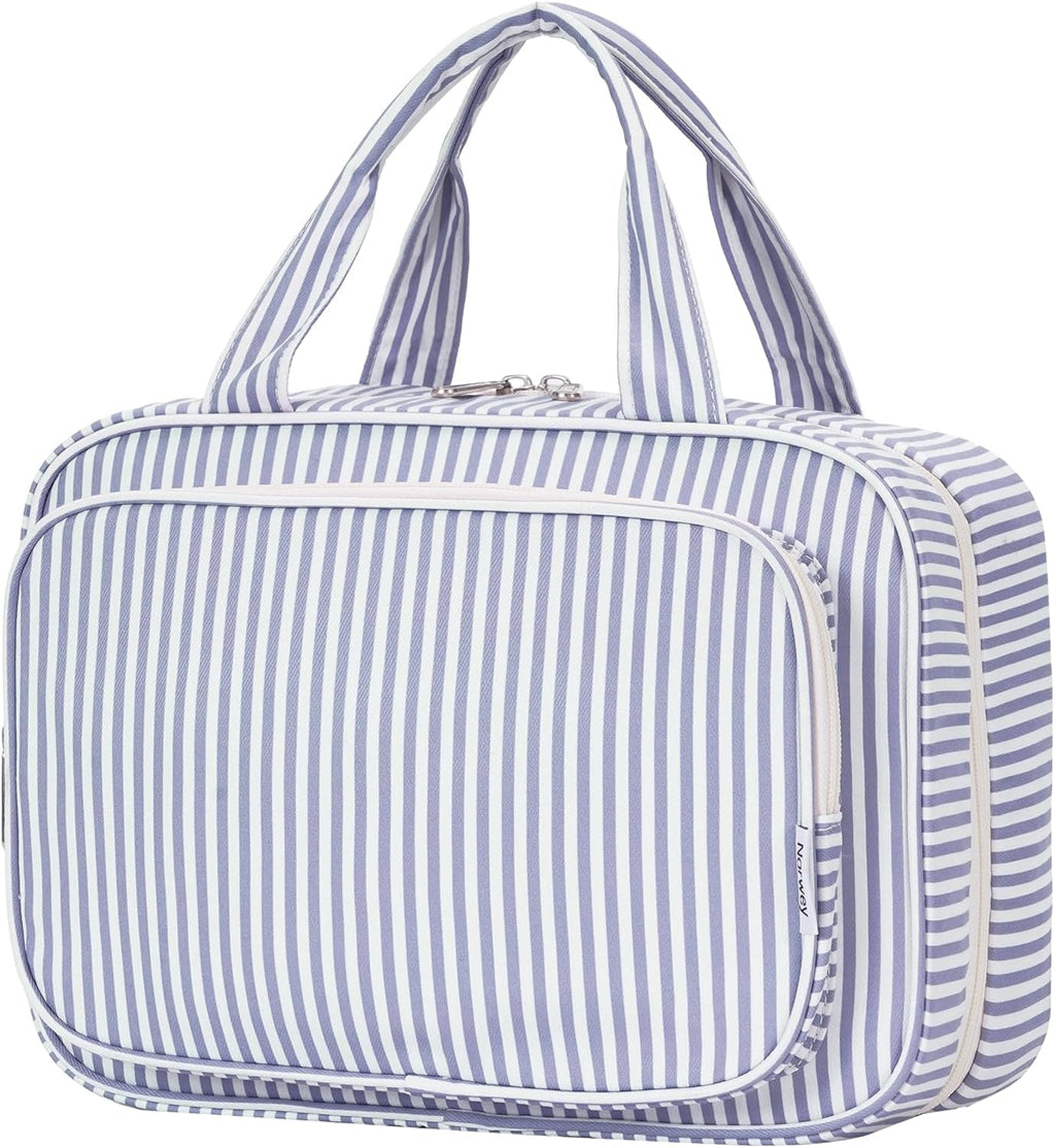 Narwey Striped Travel Toiletry Bag for Women Large Hanging Makeup Bag Organizer Toiletries Bag for Full Size Essentials Accessories Cosmetics (Greyish Blue Stripe (Large))