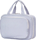 Narwey Striped Travel Toiletry Bag for Women Large Hanging Makeup Bag Organizer Toiletries Bag for Full Size Essentials Accessories Cosmetics (Greyish Blue Stripe (Large))