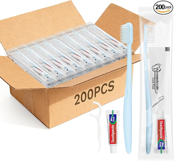 Disposable Toothbrushes with Toothpaste, Travel Toothbrush Kit, Individually Packaged, Light Blue, with Floss Picks, Suitable for Hotel, Home, Camping, Travel (200-PACK)