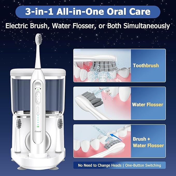 Electric Toothbrush with Water Flossers for Adults, Upgrade Flossing Toothbrush Combo, 5 Floss Speeds&3 Brush Modes, 500mL Tank, 30-Day Battery, for Adults & Teens, Gums, Braces, Dental Care, White