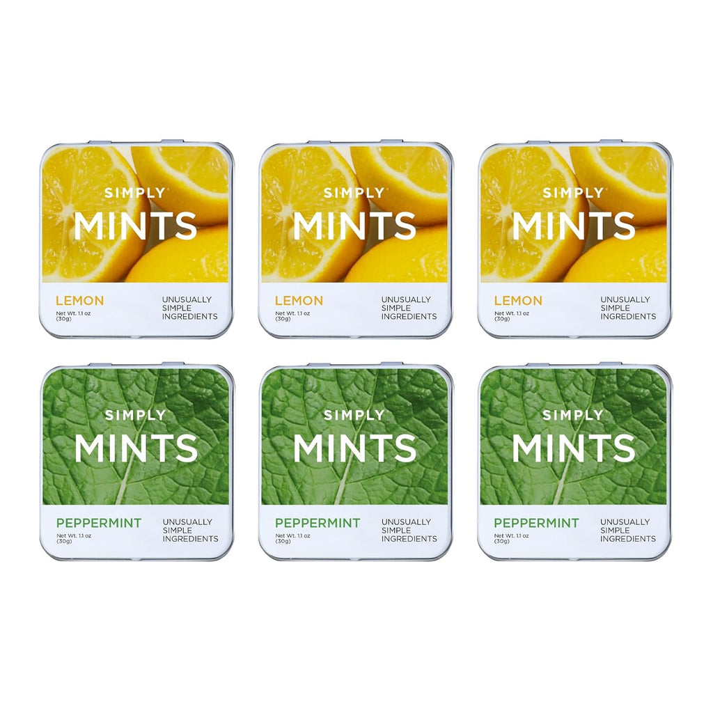 SIMPLY Mints | Peppermint & Lemon Breath Mints Variety Pack | Pack of Six (180 Pieces Total) | Zesty & Refreshing + Aspartame-Free + Vegan + non-GMO