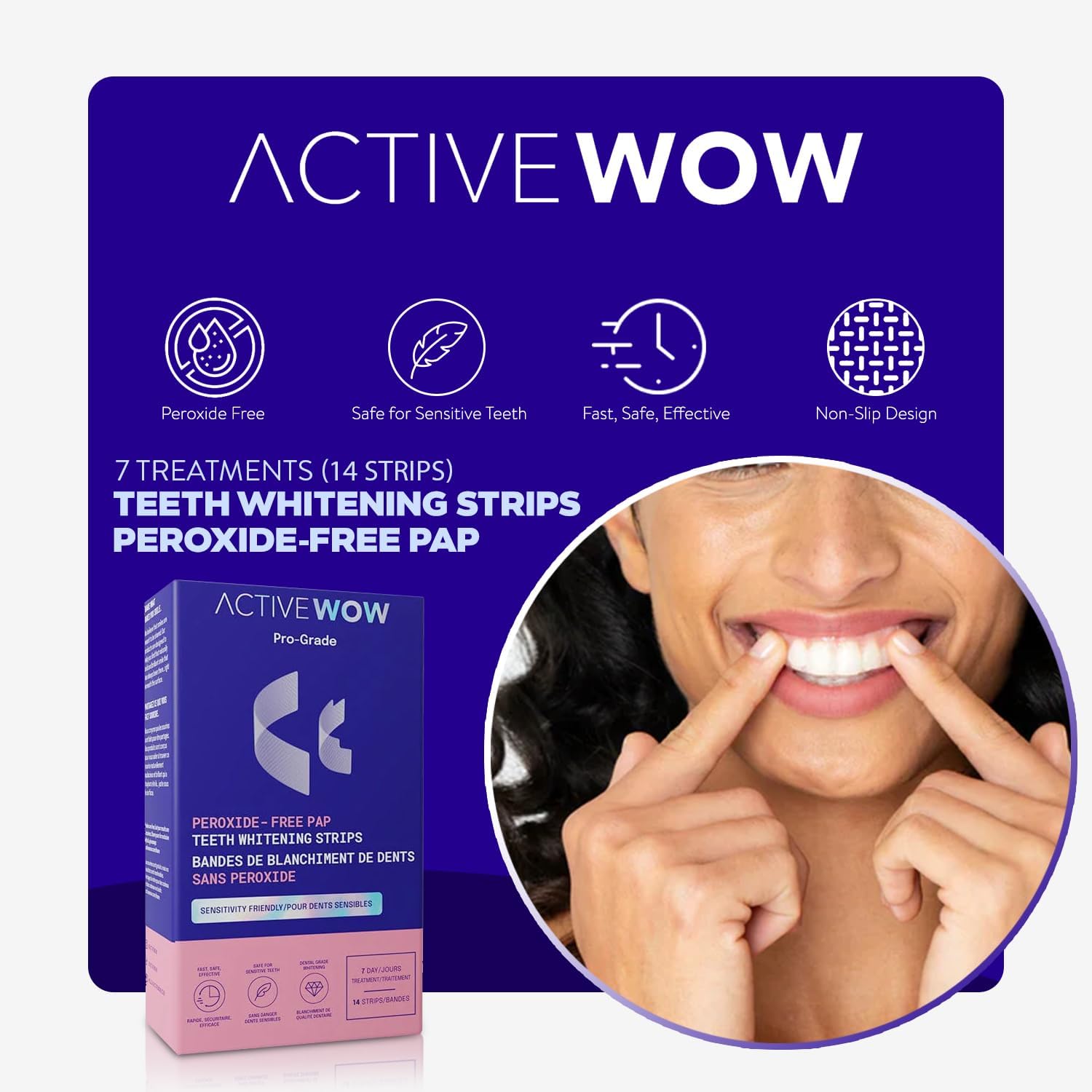 Active Wow 24k White Teeth Whitening Strips - Sensitive Teeth Whitening Strips, Peroxide Free Formula, Enamel Safe Teeth Whitening, Teeth Whitening Stain Remover - 7-Day Kit, 14 Whitener Strips