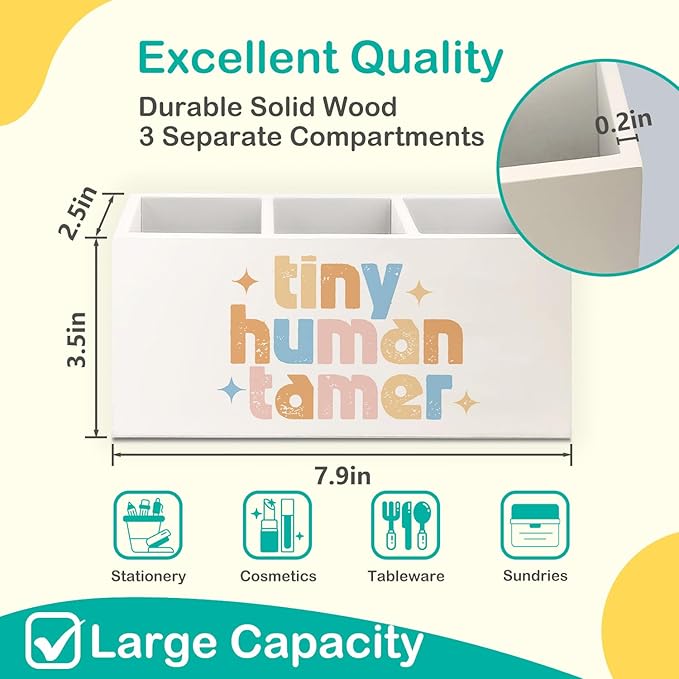 Tiny Human Tamer Gifts Wooden Pen Pencil Holder for Desk Accessories, Funny Preschool Teacher Gifts, Teacher Wood Makeup Brush Toothbrush Holder Organizer for Vanity Bathroom