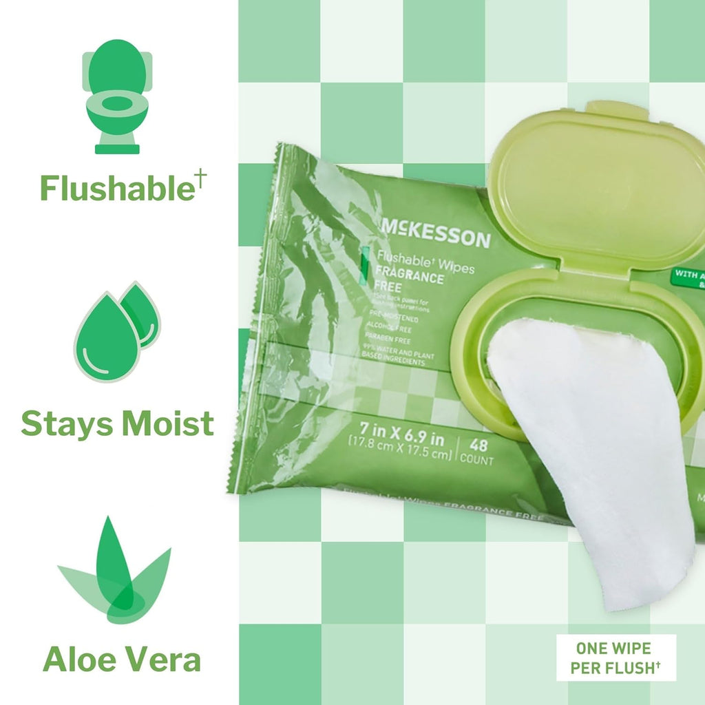 McKesson Flushable* Adult Wet Wipes – 48 Wipes (1 Pack of 48) – Aloe & Vitamin E, Plant-Based Cleansing Wipes, Unscented