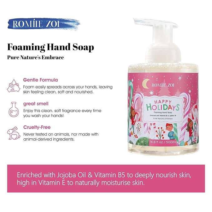 ROMIIE ZOI Christmas Foaming Hand Soap with Gift Box- Happy Holidays, Infused with Peppermint - 500ml/ 16.8oz